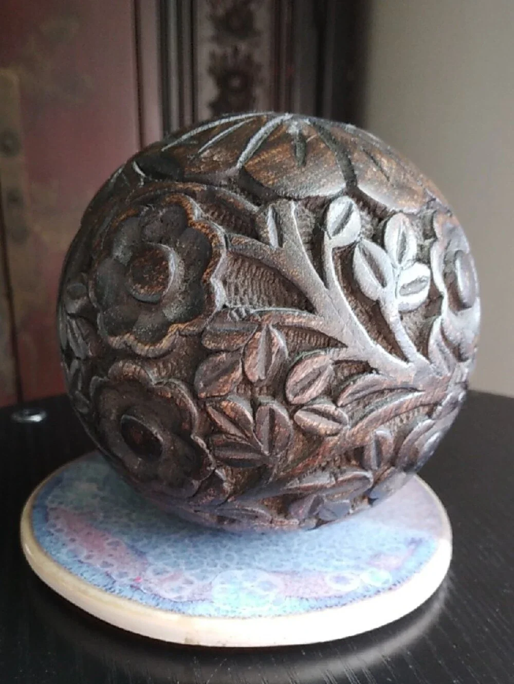 Carved Floral Decorative Wood Sphere